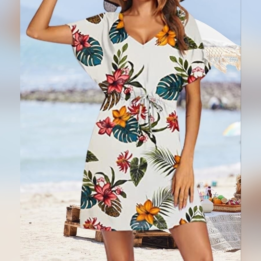 Womens Swimsuit Cover Up V Neck Short Sleeve Beachwear Dress, White Leaf, LARGE